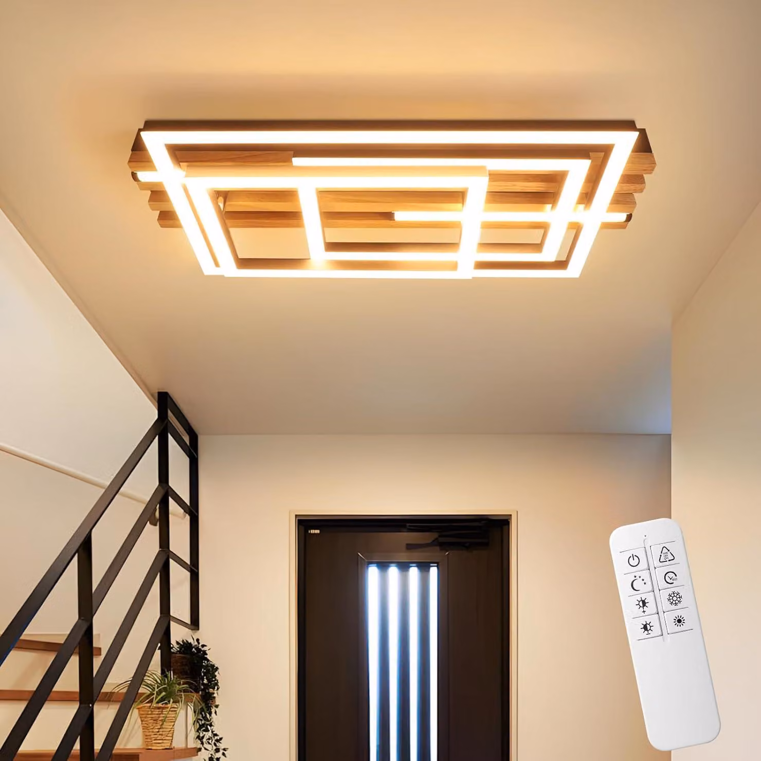 ZMH Lampada da soffitto a LED 41W in legno, dimmerabile, 38 cm, lampada da camera da letto a 3 anelli, lampada da soggiorno con telecomando per camera da letto, cucina e sala da pranzo