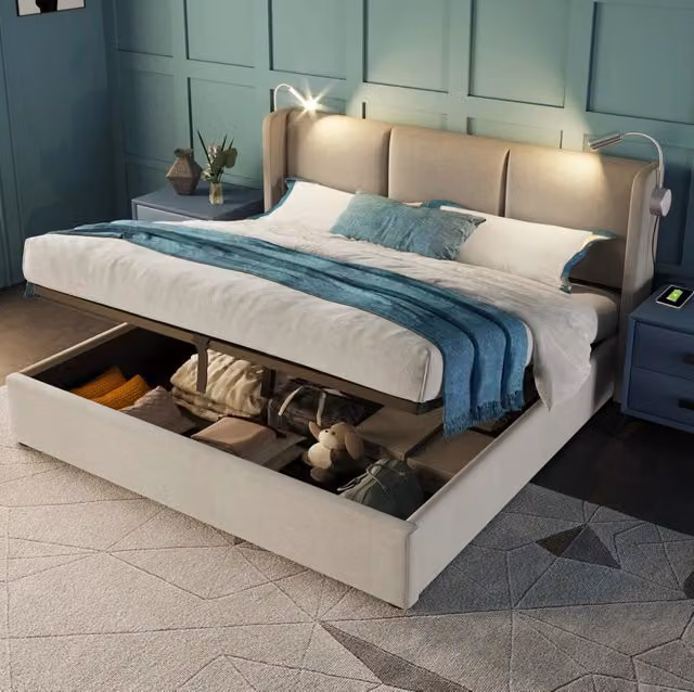 Letto imbottito 160x200 cm beige in lino con contenitore, luce da lettura USB e rete
