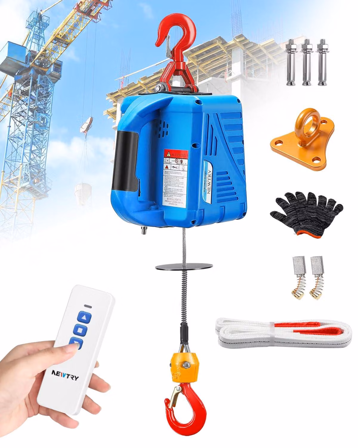 Paranco elettrico con telecomando wireless, 1500 W, capacità massima di sollevamento: 300 kg