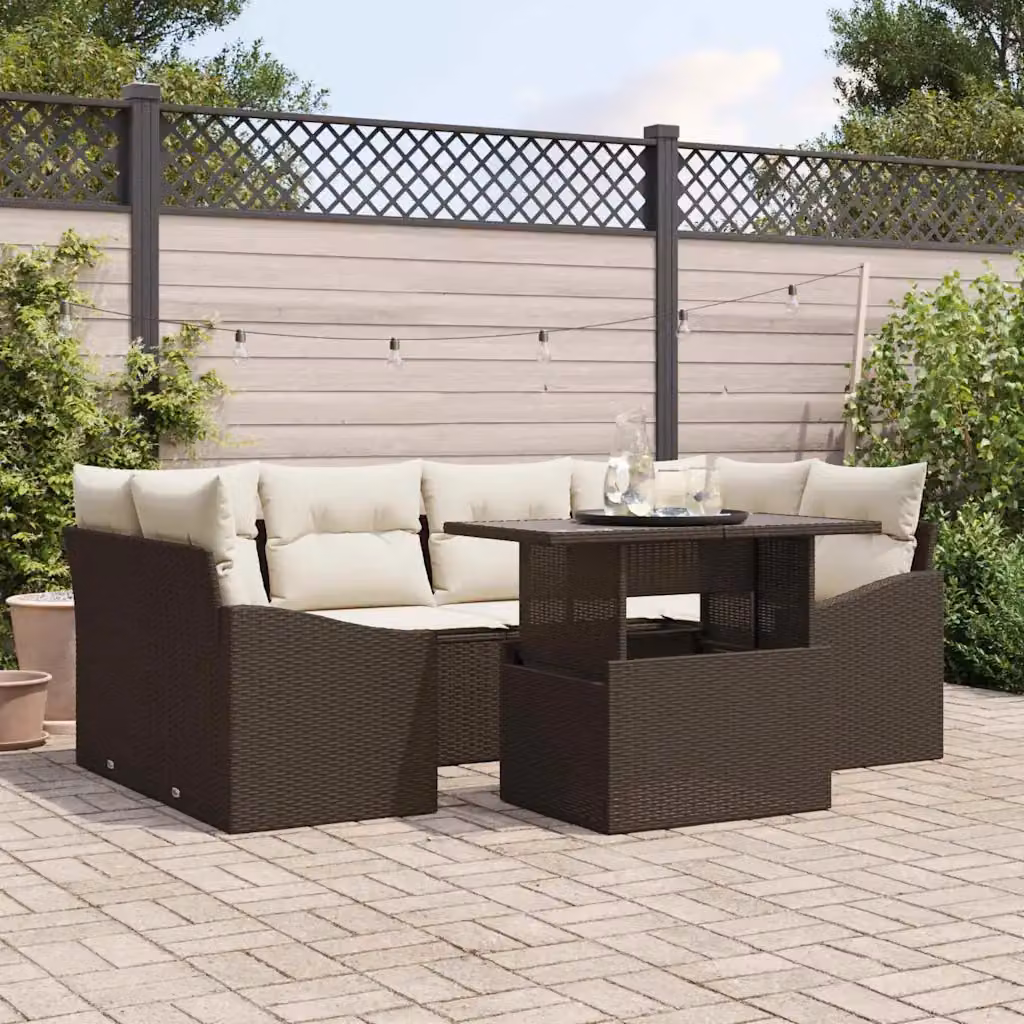 Set Divano da Giardino vidaXL 7 Pezzi in Polyrattan Marrone con Tavolino e Cuscini – 1