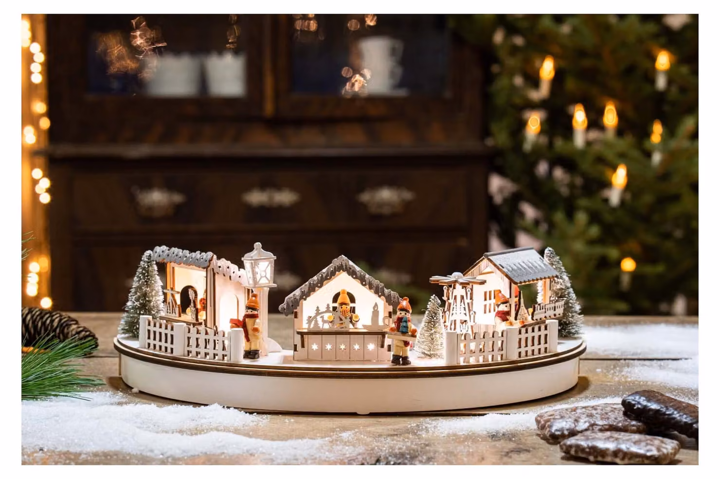 Mercatino di Natale in legno a LED a semicerchio 40 cm bianco caldo incl. funzione timer funzionamento a batteria