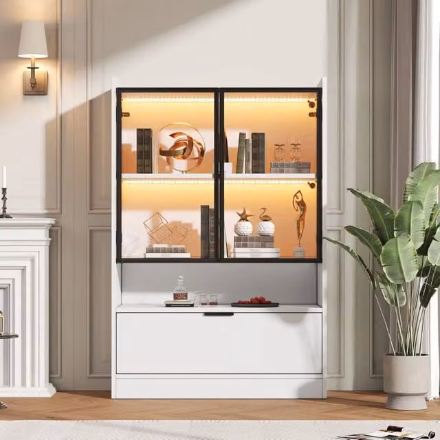 Vetrina REDOM con illuminazione LED e ante in vetro, finitura bianca opaca, L: 120 cm, H: 80 cm, P: 35 cm