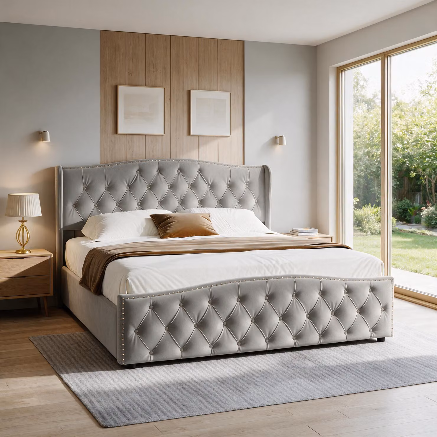 Letto imbottito INONEFT, 140x190 cm, con spazio contenitore, letto per ragazzi con cassone contenitore a sistema idraulico, letti singoli con rete a doghe, rivestito in velluto, senza materasso, colore grigio
