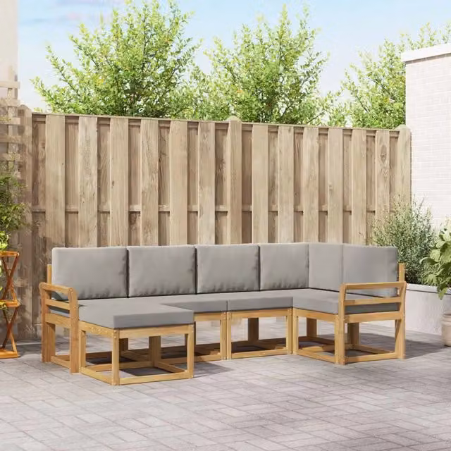 Set di divani da esterno a L con pouf vidaXL in legno di acacia, bianco e grigio – 1