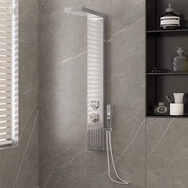 Pannello Doccia vidaXL in Acciaio Inossidabile con Funzione Rain e Massaggio, Colore Argento Spazzolato, H: 114 cm, L: 47 cm, P: 15 cm