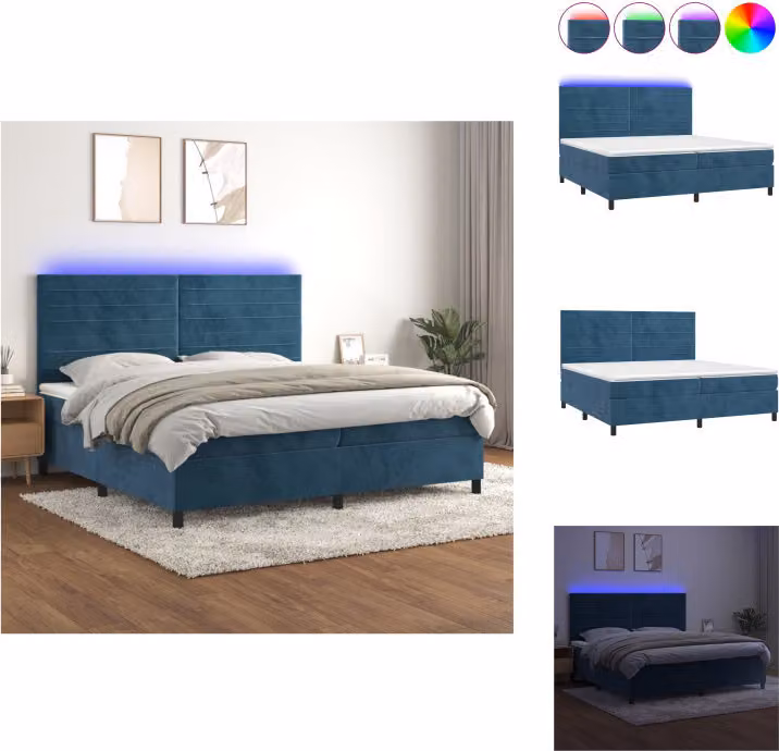vidaXL Letto a molle con materasso e LED in velluto blu scuro 200x200 cm - Letti & strutture letto