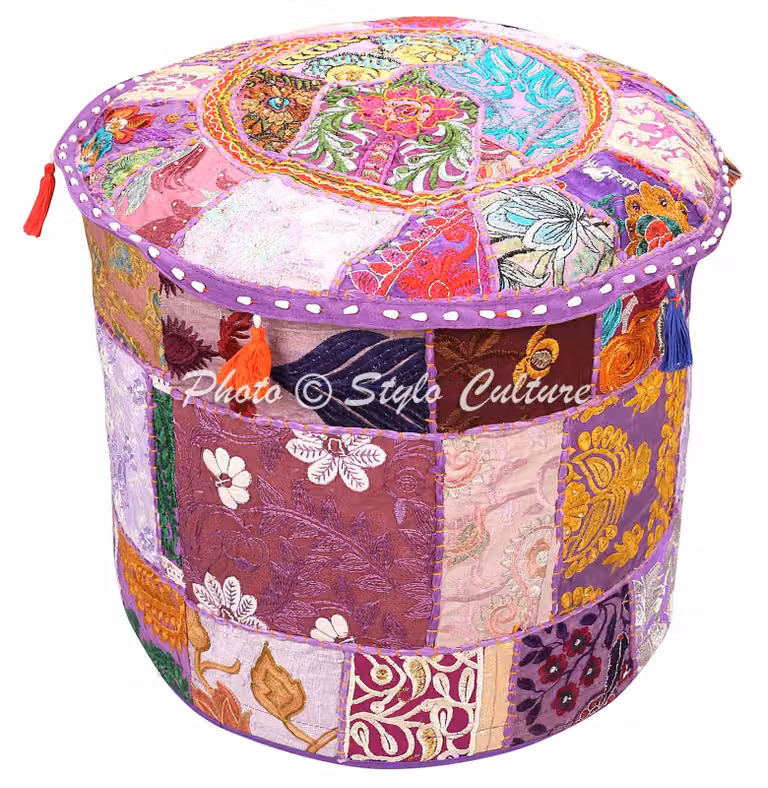 Copertura rotonda per pouf in stile ottomano, patchwork, color lilla, diametro 45 cm