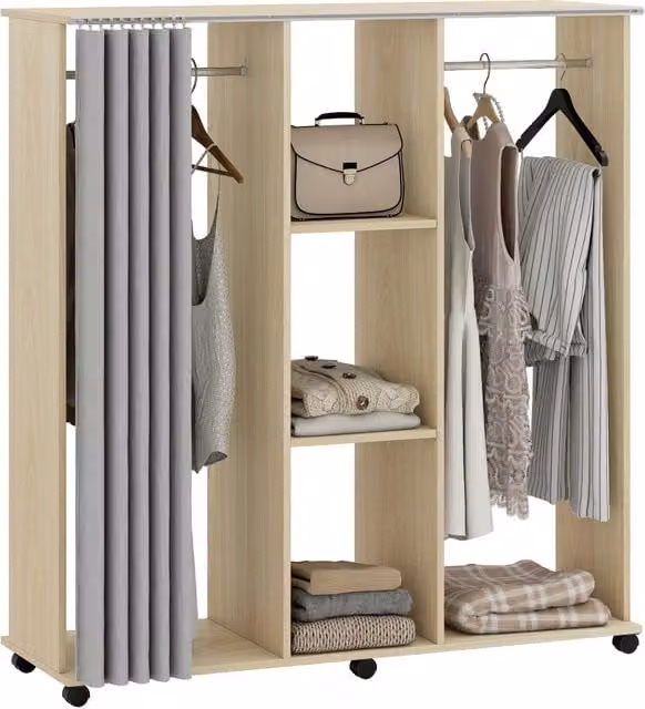 Armadio guardaroba XYLO con ante e cassetti in legno naturale, colore beige e marrone, L 120 cm x P 40 cm x H 128 cm con 6 ruote