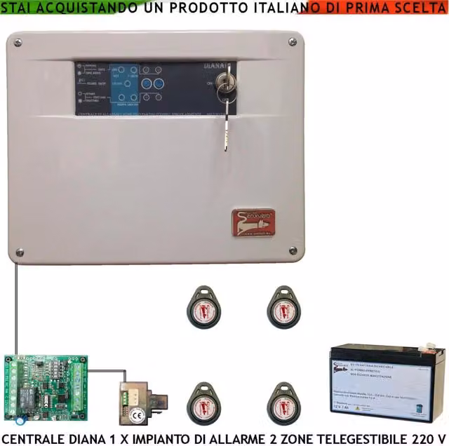 Centrale Antifurto Securvera Diana a 2 Zone per Impianto di Allarme Filato con Batteria 12 V 7 Ah, Colore Bianco