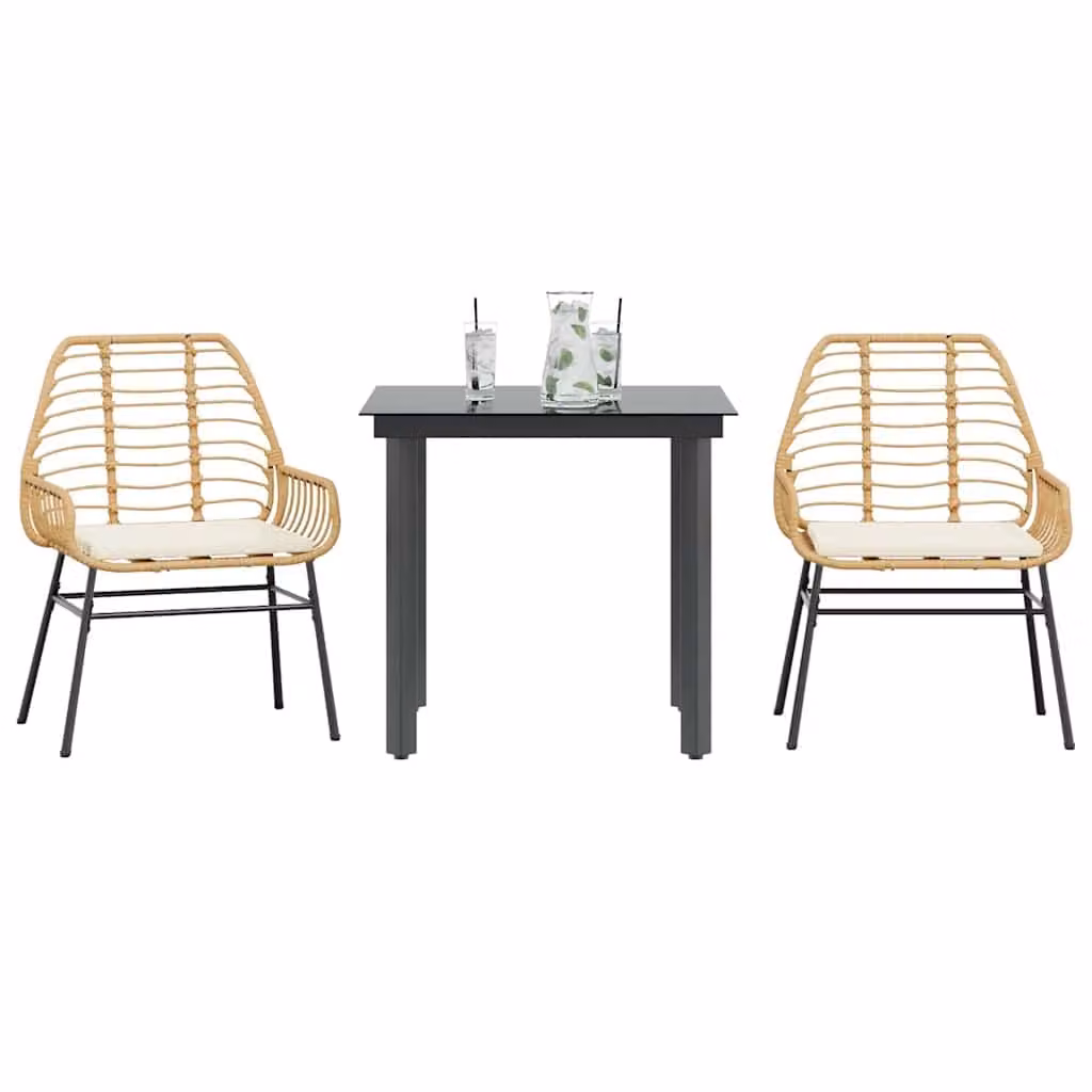 Set da pranzo da giardino vidaXL in polyrattan con tavolo in vetro e cuscini, moderno, 3 pezzi