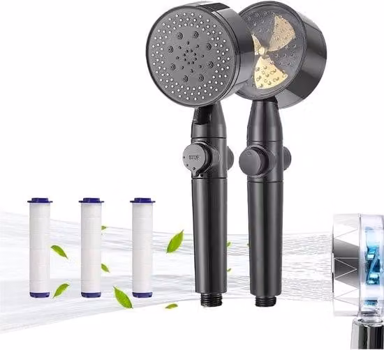 Doccia a risparmio energetico, doccia a elica con filtro, soffione a mano rotante a 360 gradi, doccia a risparmio idrico con funzione di interruzione, doccia anticalcare, protegge la pelle e i capelli, confezione singola, colore grigio
