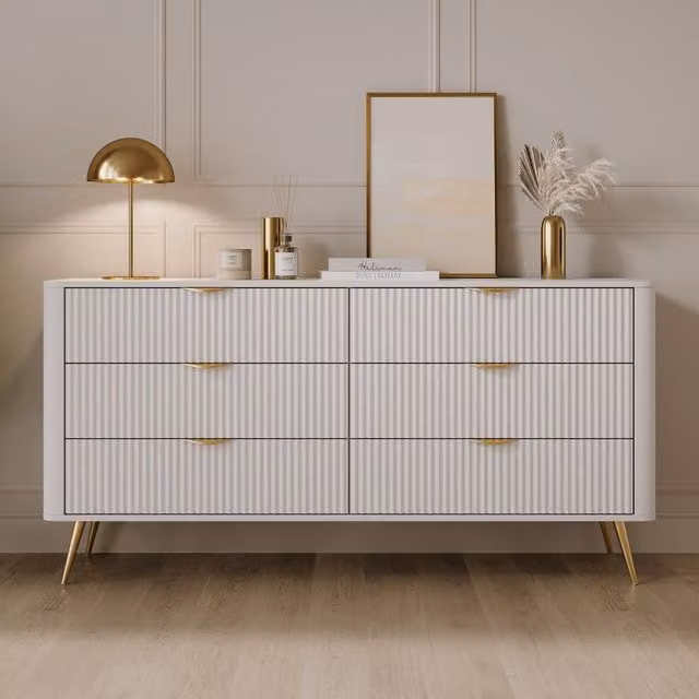 Madia Hali DMORA con 6 cassetti, design moderno, colore bianco e oro, L: 163 cm, P: 38 cm, H: 81 cm