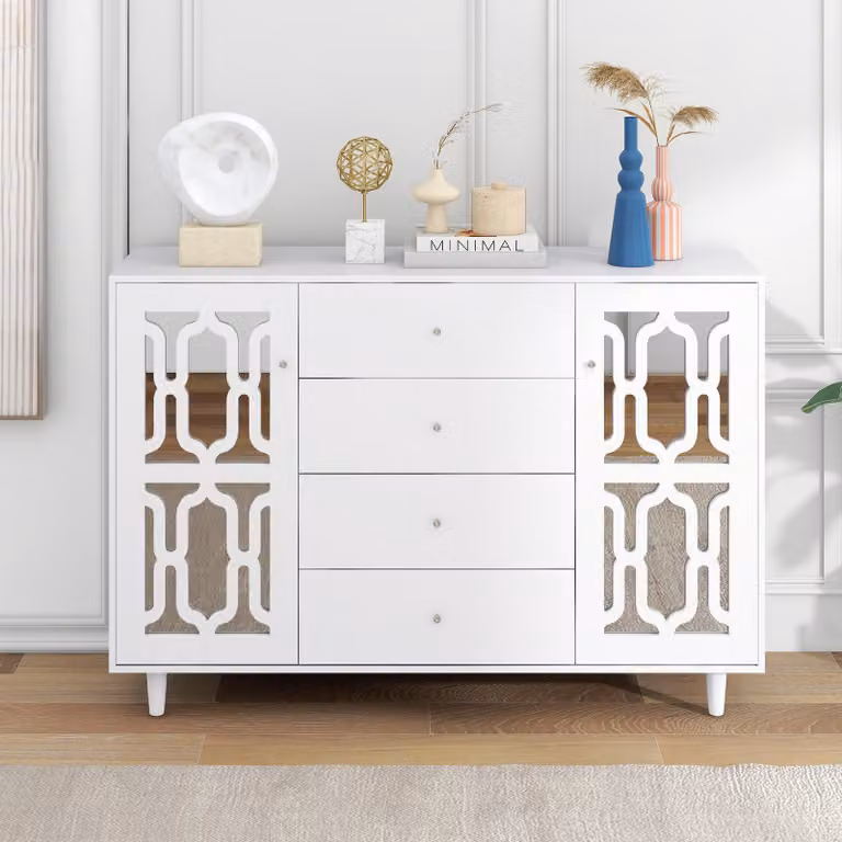Fortuna Lai credenza con ante in vetro a specchio e 4 cassetti, credenza cucina stile country, 148x102x40cm, bianco