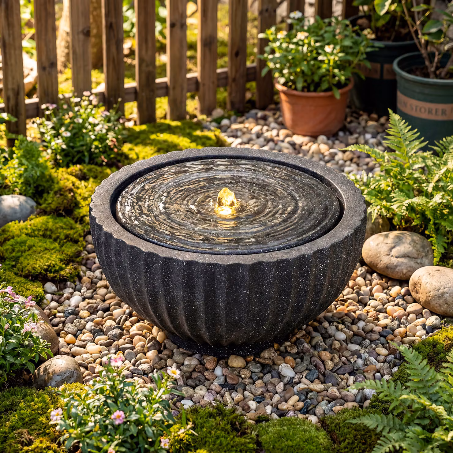 Fontana da giardino Costway a forma di ciotola in resina effetto pietra, modello rotondo con luci e flusso d'acqua regolabile, colori nero e grigio