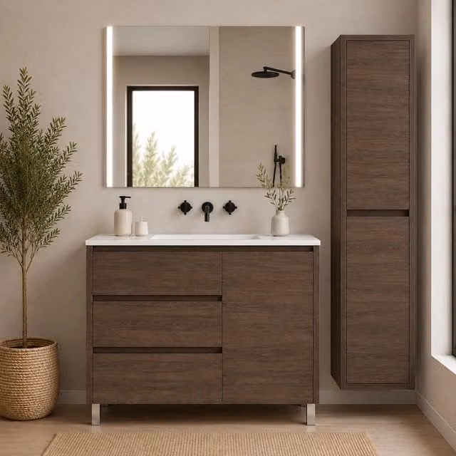 Mobile bagno con 3 cassetti, anta e lavabo ORIGENBATH VOLUM senza specchio 90x45 cm frassino tea con colonna