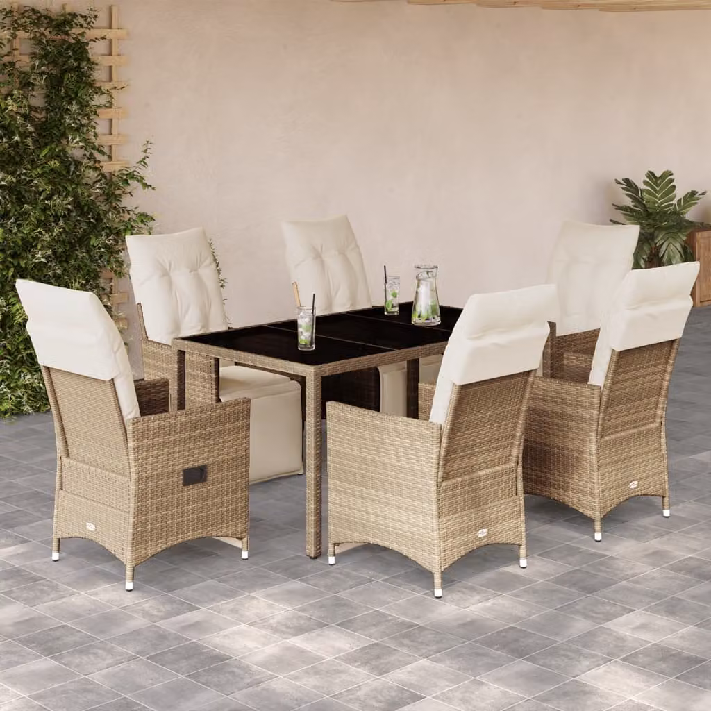 vidaXL Set da Bistrò da Giardino 7 pz in Polyrattan con Cuscini Beige e Piano in Vetro – 1