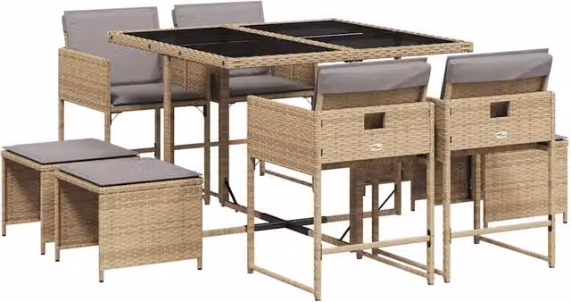 Set Salotto da Giardino 9 pz in Polyrattan con Cuscini Beige e Tavolo in Vetro per Terrazza o Giardino
