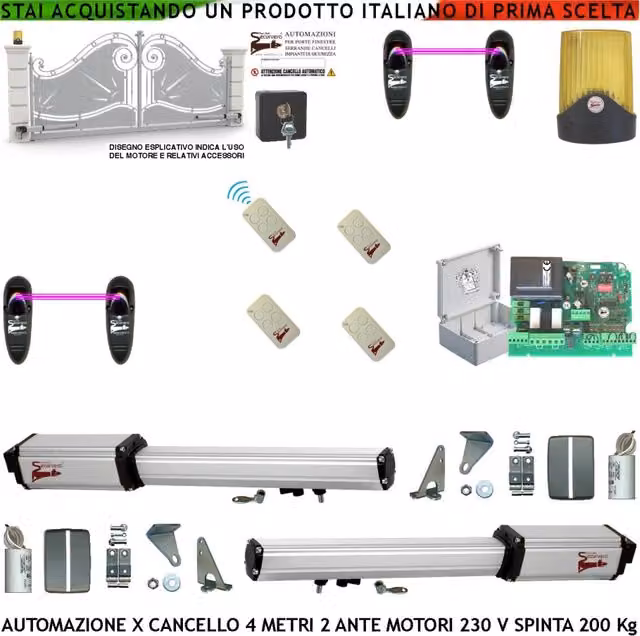 Automatismo Cancello 4 Metri 2 Ante da 2 MT Kit 2 Motori Elettromeccanici 230 V Corsa 300 mm Spinta 2 Q.li Sblocco Staffe 4 Radiocomandi 2 Coppie Fotocellule Selettore 2 Chiavi Faro Movimenti Cartello