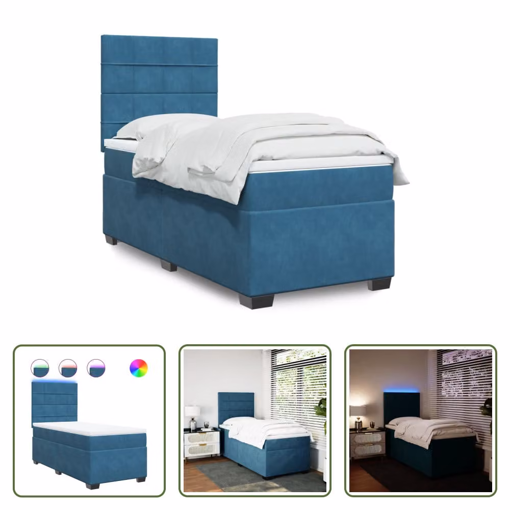 The Living Store Letto a molle con materasso blu 100x200 cm in velluto
