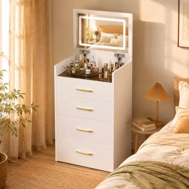 Tavolo trucco compatto con specchio ribaltabile e 3 cassetti, piano in vetro trasparente, con sgabello, 60x118x40 cm