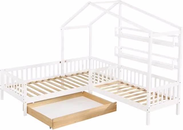 Lettino a forma di casetta con cassetti e scaffali, legno massello bianco, dimensioni 90x200 cm e 140x70 cm