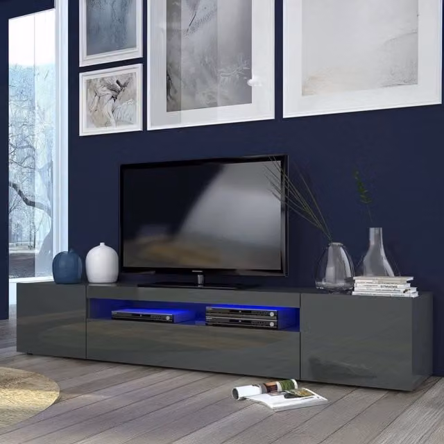 Amore, Mobile Porta tv 2 Ripiani Made in Italy, 200x40x37h cm Nero Antracite Lucido