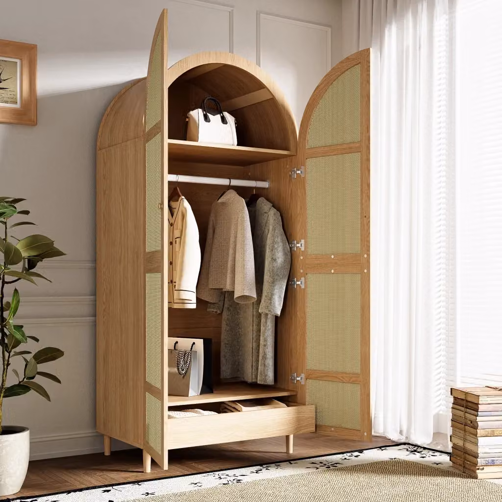 Armadio moderno WISHDOR in colore beige con ante in rattan, ripiani, cassetti e barra appendiabiti, L: 80 cm, P: 50 cm, H: 179 cm – 2