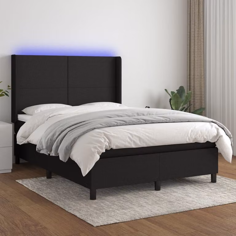 The Living Store Letto a molle con materasso e LED nero 140x200 cm in tessuto