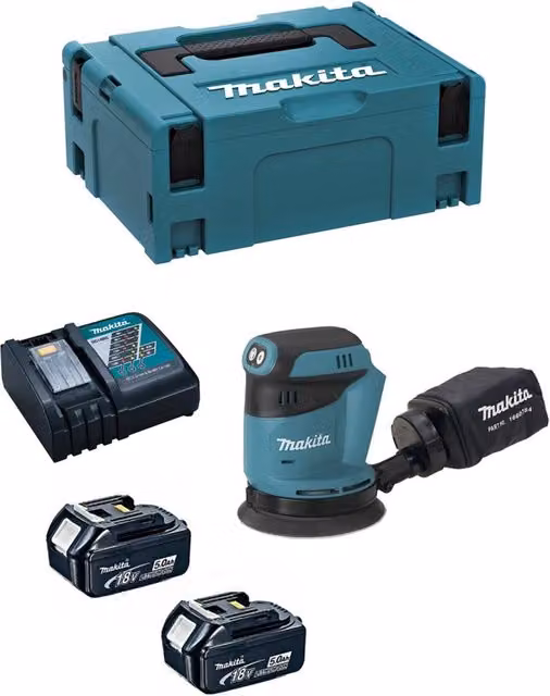 Levigatrice Orbitale Makita DBO180RTJ con 2 batterie da 5,0 Ah, caricabatterie DC18RC e sistema di trasporto Makpac 2