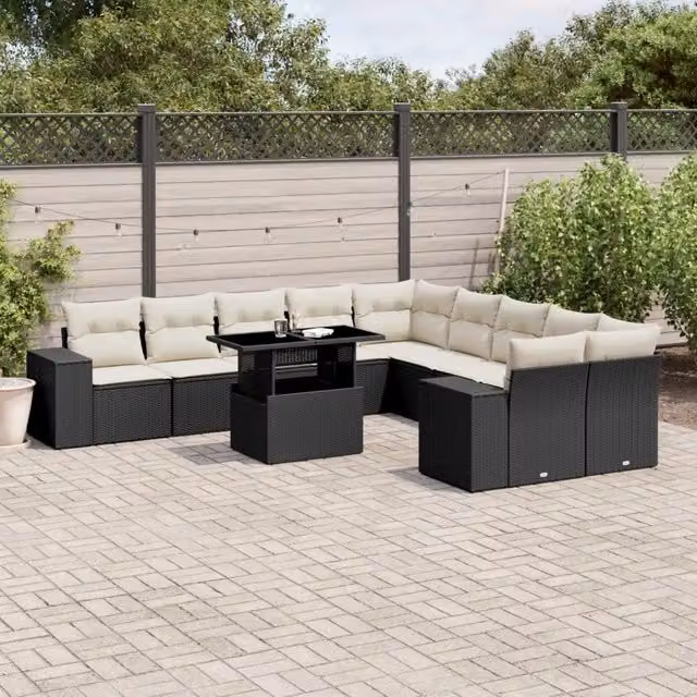 Set di divani da giardino vidaXL in polyrattan nero con cuscini bianchi a forma di U per esterno – 1