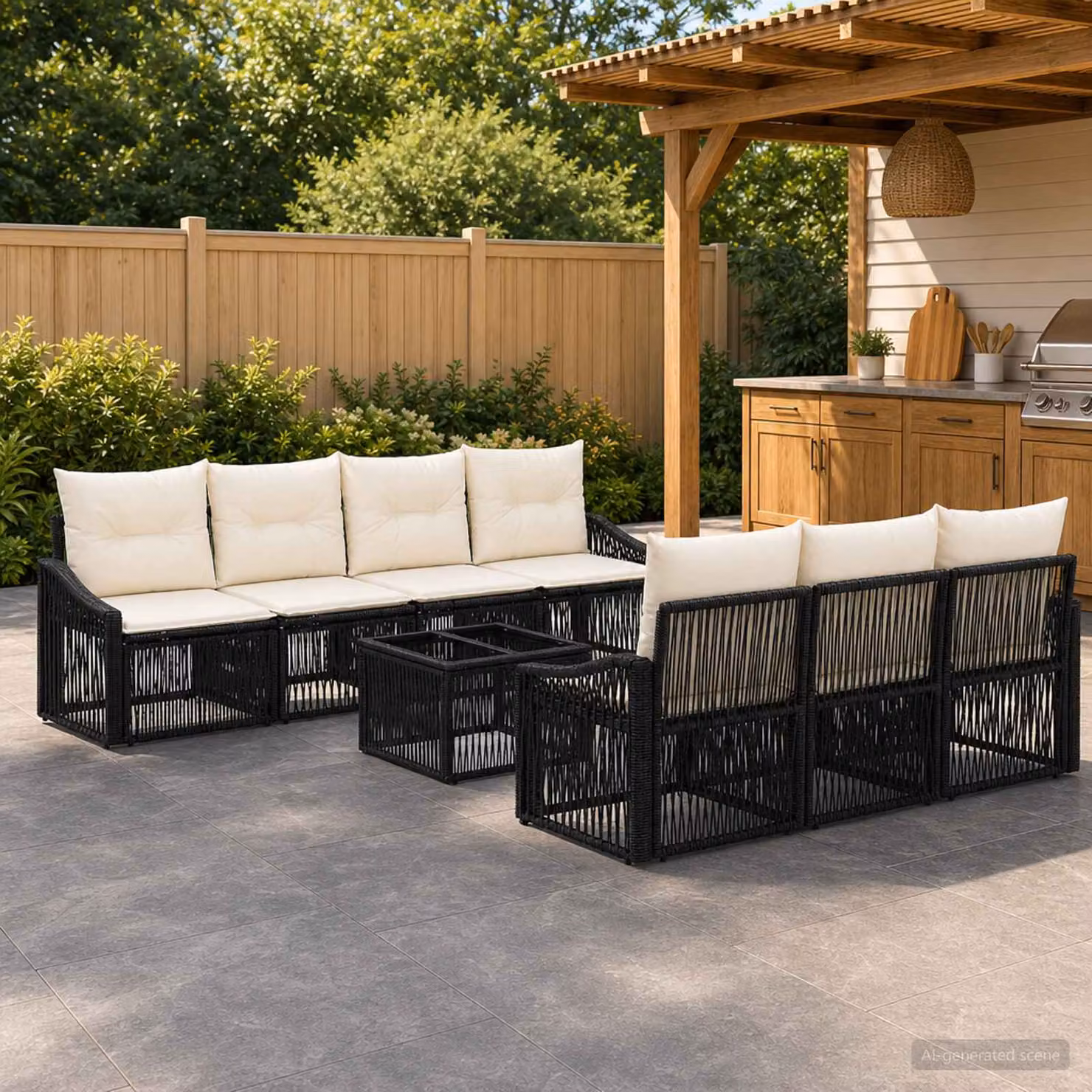 Set Divano da Giardino vidaXL 8 pz in Polyrattan Nero con Tavolino e Cuscini