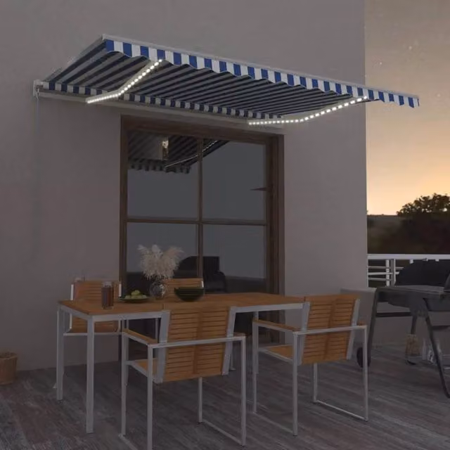 Tenda Automatica con Sensore Vento e LED 450x350 cm Blu Bianca 3069011