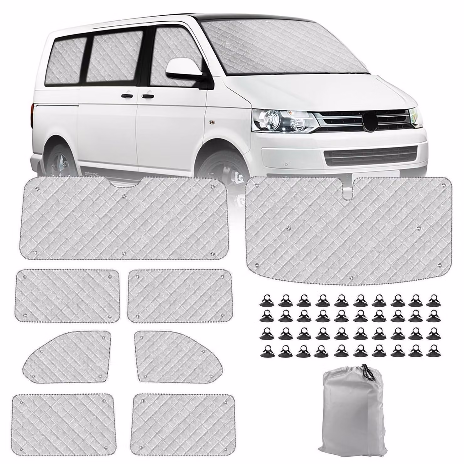 Tappetini termici per l'abitacolo, set da 8 pezzi, per VW T5 T6 a passo lungo: protezione solare, isolamento, privacy e controllo della temperatura