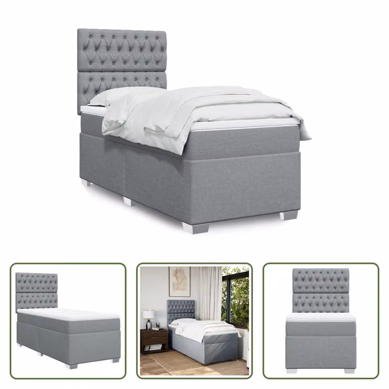 The Living Store Letto a molle con materasso grigio chiaro 90x190 cm in tessuto