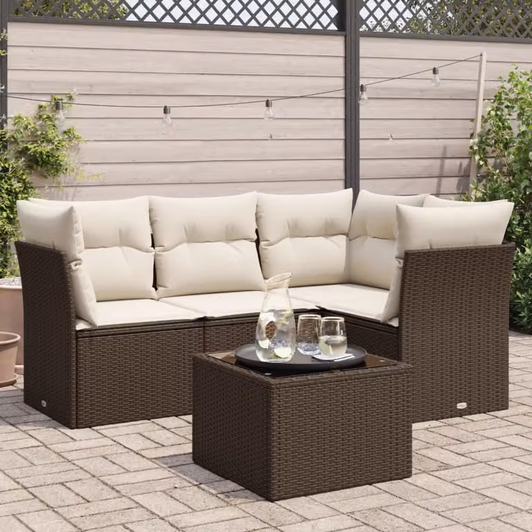Set Divano da Giardino vidaXL 5 pz in Polyrattan Marrone con Cuscini e Tavolino da Esterno a Forma di L