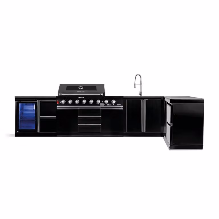 Cucina da esterno GORILLER® BLACKBACK XL2, grill a gas XXL con frigorifero, lavello, piano di lavoro aggiuntivo, spazio di archiviazione e angolo, acciaio inox, nero