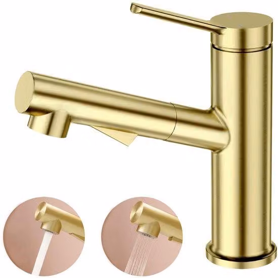 Miscelatore per lavabo Ibenzoa® in acciaio inossidabile, finitura oro opaco spazzolato, doccetta estraibile con sistema di ritiro, 2 tipi di getto, cartuccia in Vetroceramica, attacco G 3/8''