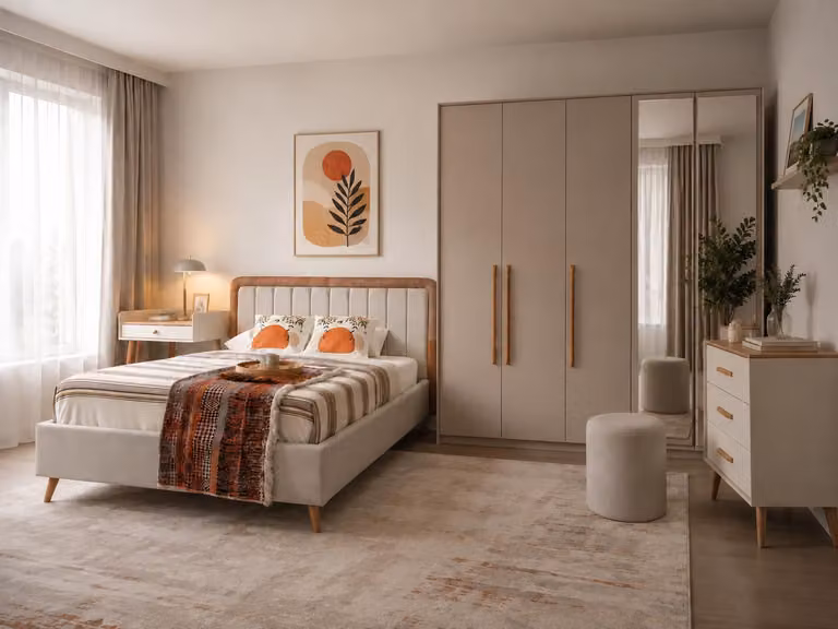 Set per camera da letto: letto, armadio, comodino. Design moderno, colore beige chiaro, elegante