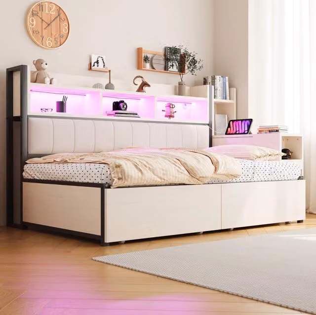 Letto multifunzione 90x200 cm in metallo e legno con scrivania mobile; cassetti e vani; bianco