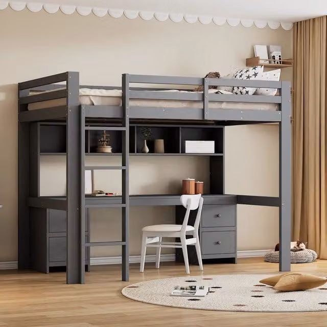 Letto a soppalco singolo OKWISH in pino e MDF con scrivania, 4 cassetti e 4 ripiani, grigio, L/P/H: 200 x 90 x 167 cm