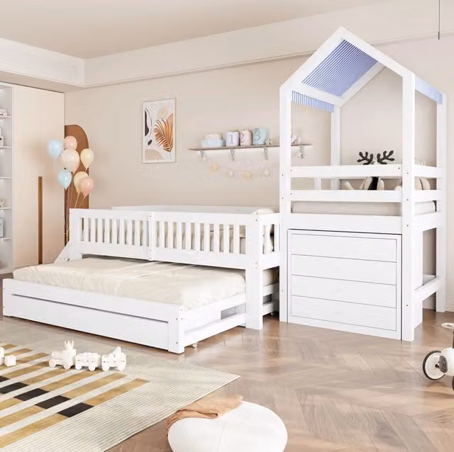 Letto casetta bambini 90x200 in legno bianco con contenitore, senza materasso –