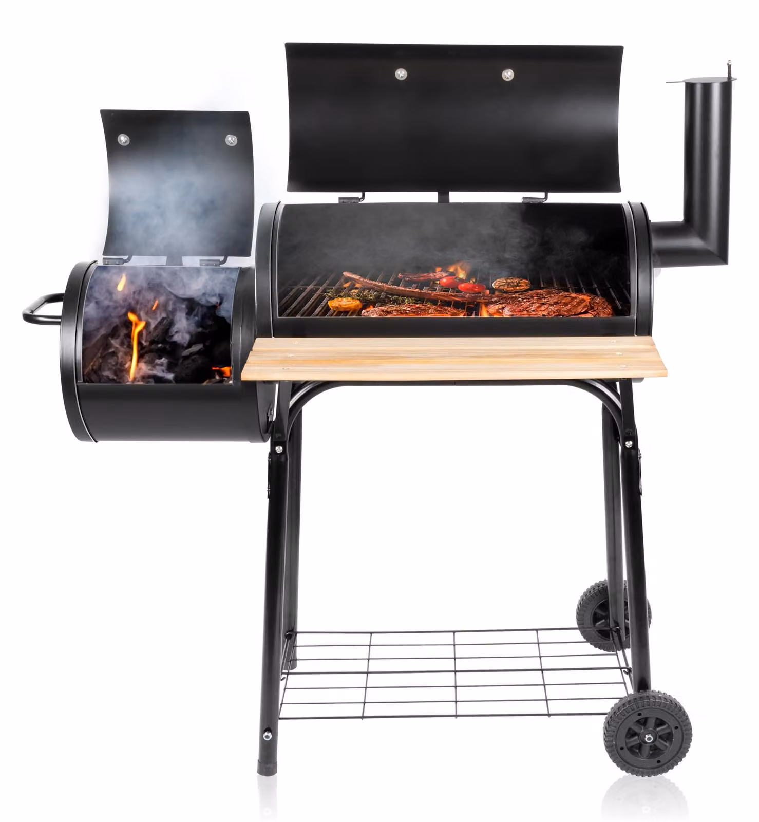 Barbecue e affumicatore 2-in-1 con scarico del fumo regolabile, dimensioni 104 x 58 x 114 cm