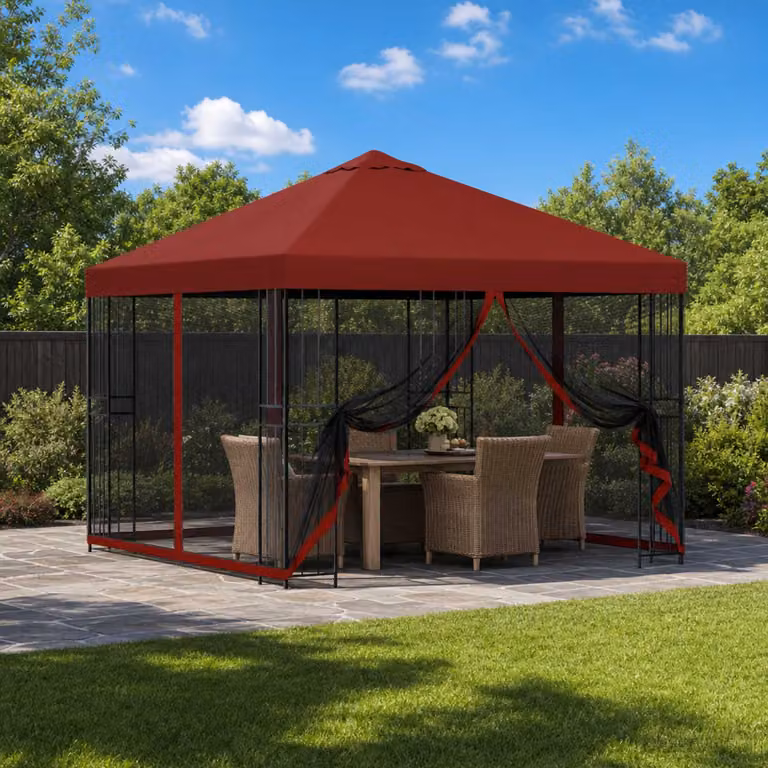 Gazebo da giardino vidaXL con pareti laterali in poliestere e struttura in acciaio zincato, L/P/H: 300 x 300 x 276,5 cm, Rosso e Nero