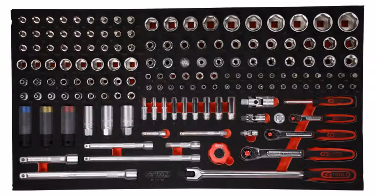 set di chiavi a bussola da 1/4" + 3/8" + 1/2" con inserto in schiuma, 156 pz