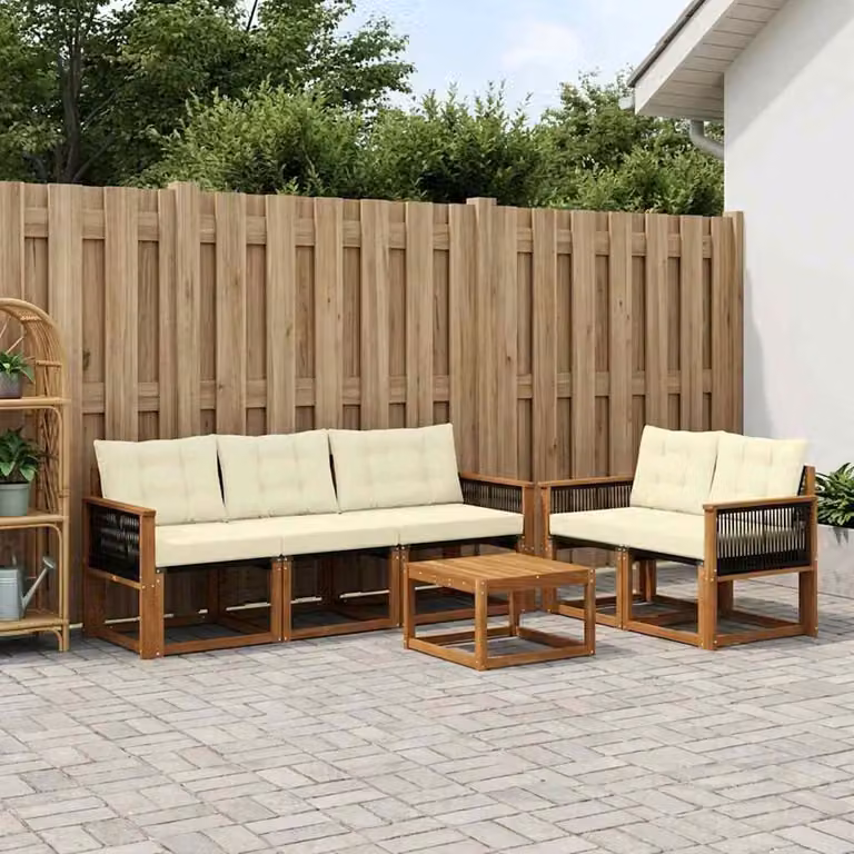 Set di divani da esterno vidaXL 7 pezzi in legno di acacia con tavolino e cuscini, Beige e Bianco