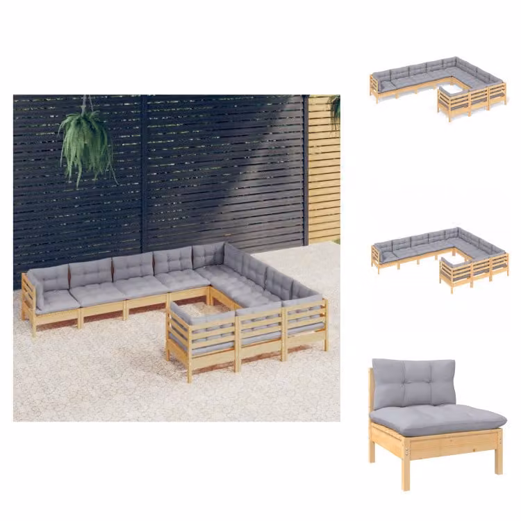 vidaXL Set di 10 pezzi da giardino con cuscini grigi in legno di pino - Set di mobili da giardino
