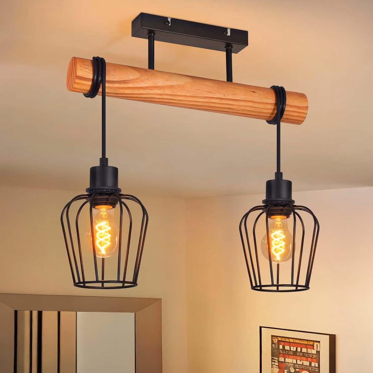 ZMH Lampada da soffitto in legno, lampada da corridoio nera, lampada da cucina a 2 luci, base in metallo con attacco E27, per cucina, soggiorno e sala da pranzo, lampadina non inclusa