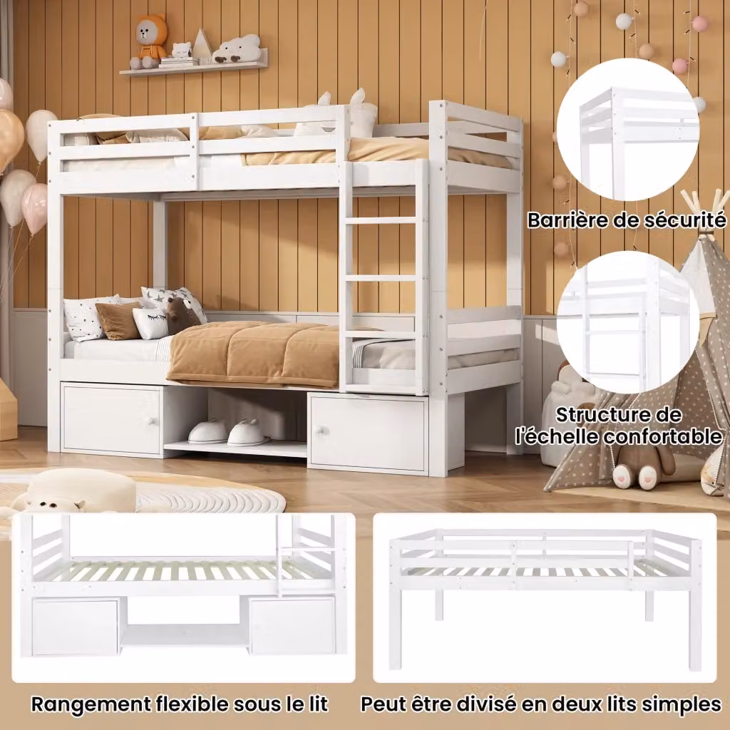 Letto a castello moderno bianco con scaffali laterali e vano contenitore, divisibile in due letti singoli, L/P/H: 200 x 90 x 158 cm – 2