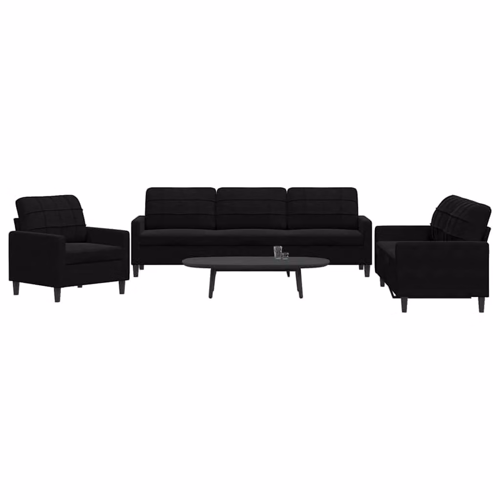 Set di divani 3 pezzi vidaXL in velluto nero con cuscini e struttura in metallo per soggiorno – 1
