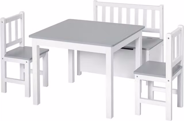Set Tavolo per Bambini in Legno di Pino con 2 Sedie e Cassapanca, Design Scandinavo, Bianco e Grigio